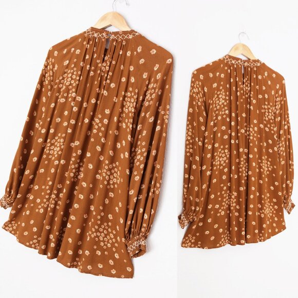Free People Flowers In Her Hair Brown Boho Tunic Longline S Smocked Ditsy $118 - Picture 14 of 16